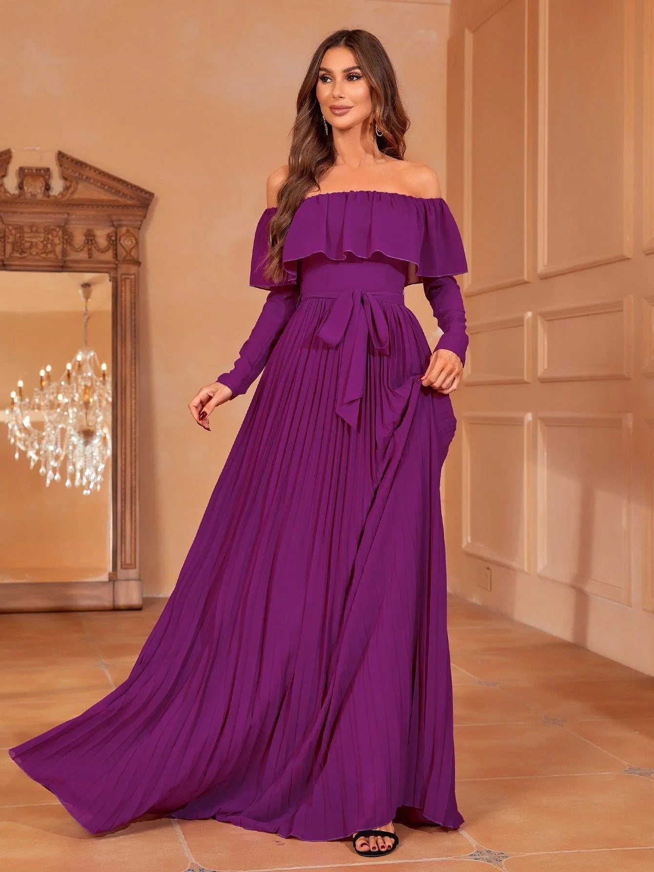 Off Shoulder Pleated Chiffon Belted Dress - Elonnashop