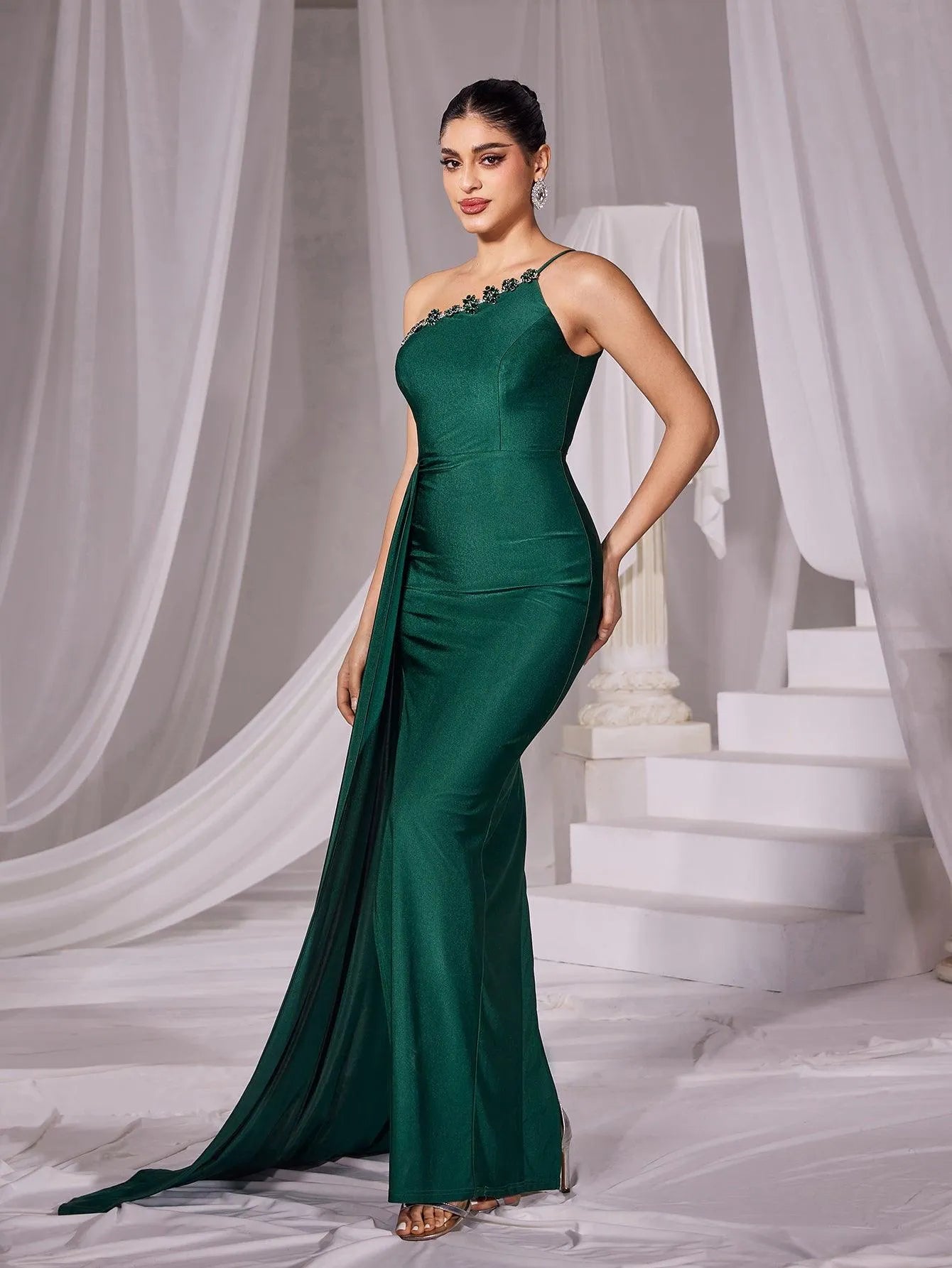 One Shoulder Split Thigh Satin Mermaid Dress - Elonnashop