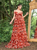 Elegant Off Shoulder Floral Printed Tulle Maxi Prom Dress - Elonnashop