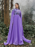 Mock Neck Cloak Sleeves Contrast Floral Sequin Prom Dress - Elonnashop