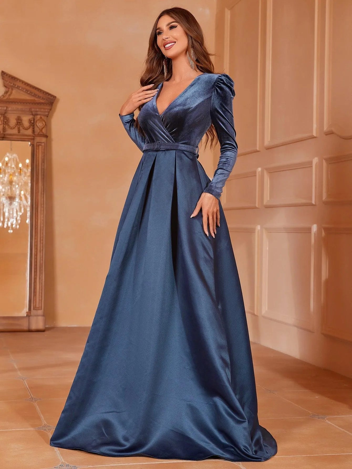 Surplice Neck Long Sleeves Belted Satin A Line Dress - Elonnashop