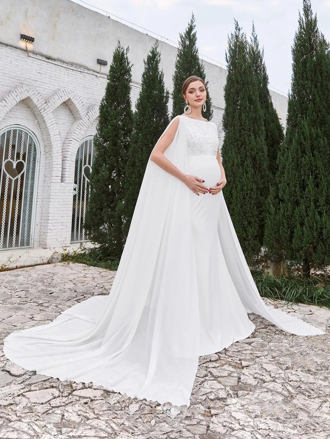 Maternity Mermaid Hem Cape Formal Wedding Dress - Elonnashop