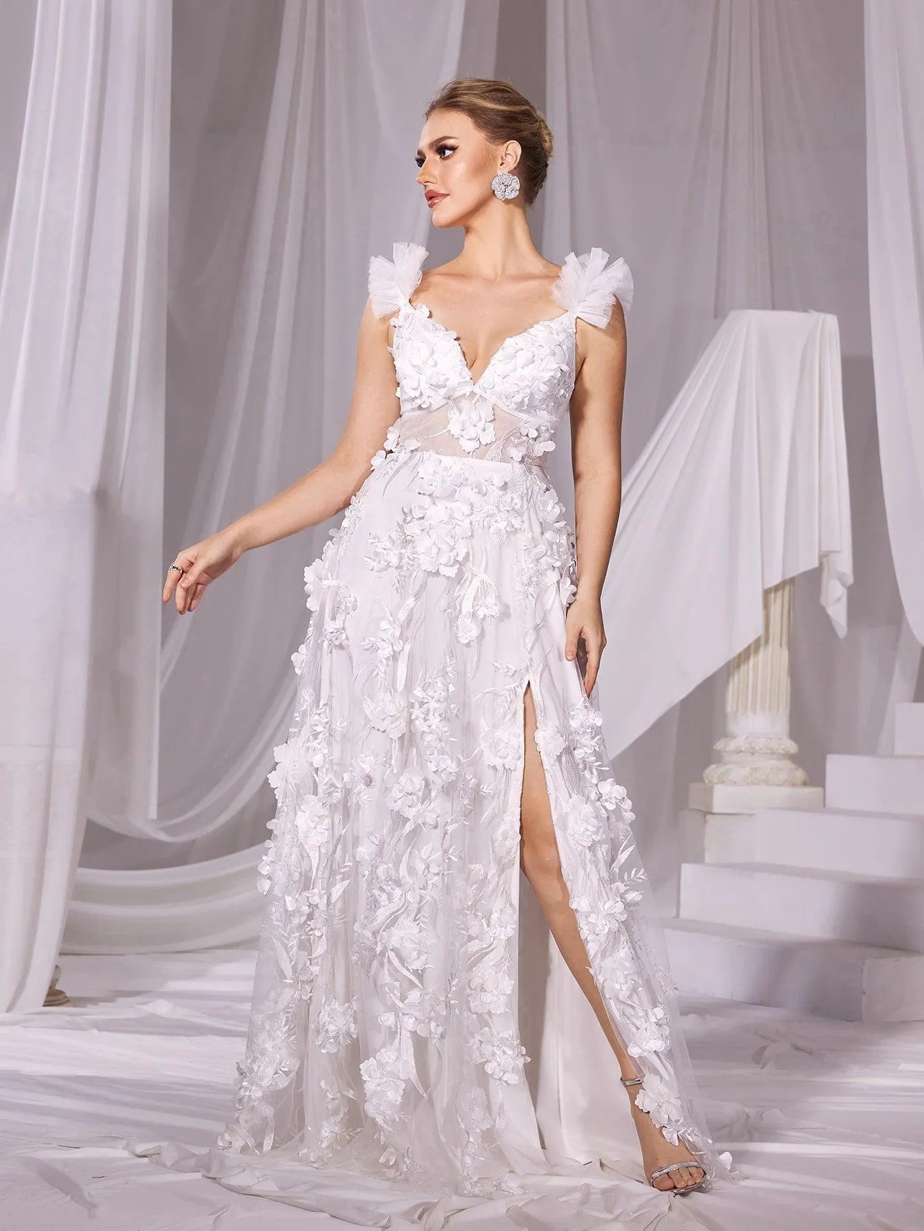 Floral Applique Plunging Neck Split Mesh Wedding Dress - Elonnashop