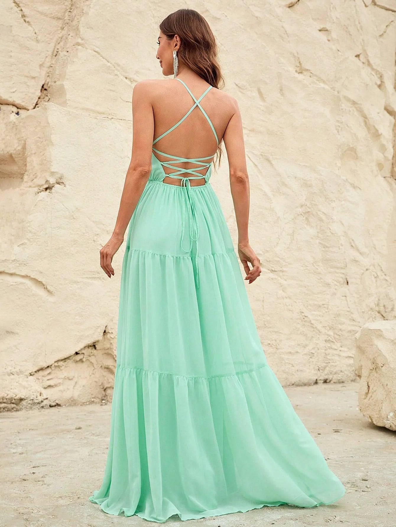 Back Lace Up Chiffon Tiered Maxi Dress - Elonnashop