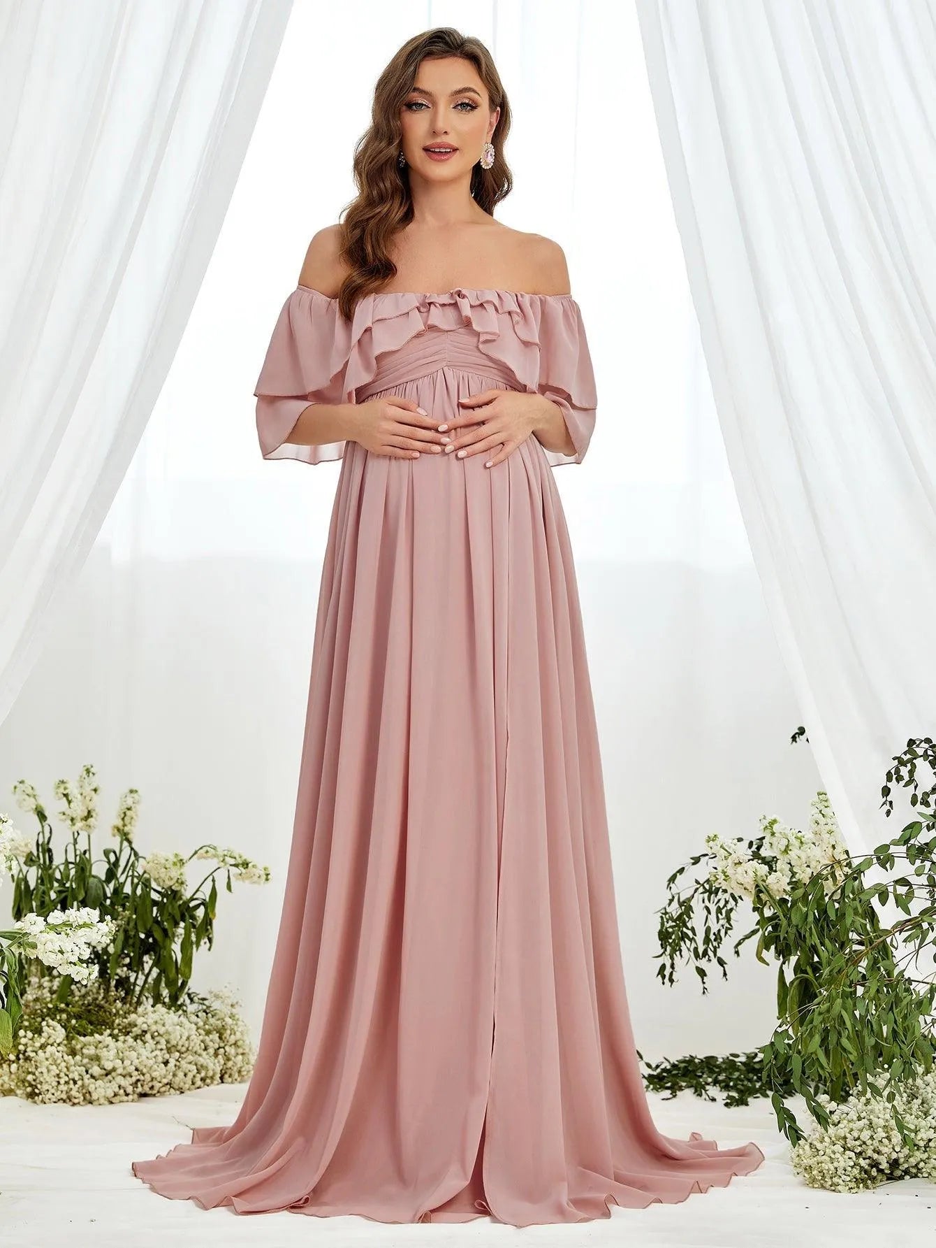 Maternity Off Shoulder Ruched Bust Layered Sleeves Chiffon Dress - Elonnashop