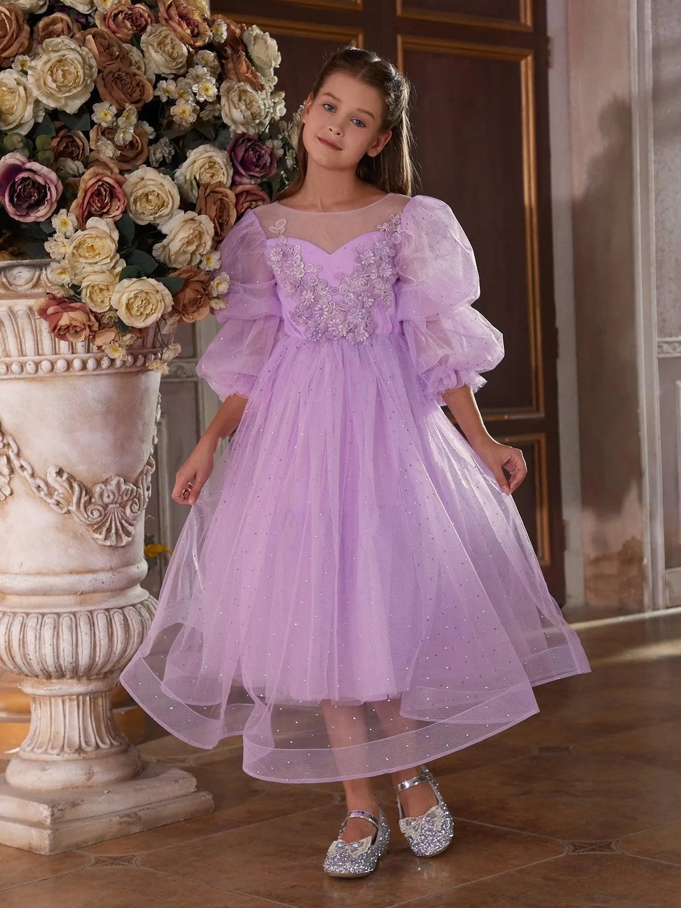 Tween Girls' Applique Detail Puff Sleeve Mesh Prom Dress - Elonnashop