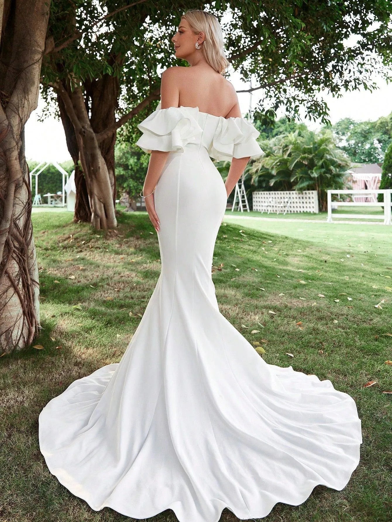 Off Shoulder Ruffle Trim Mermaid Wedding Dress - Elonnashop