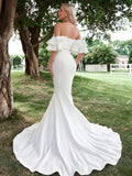 Off Shoulder Ruffle Trim Mermaid Wedding Dress - Elonnashop