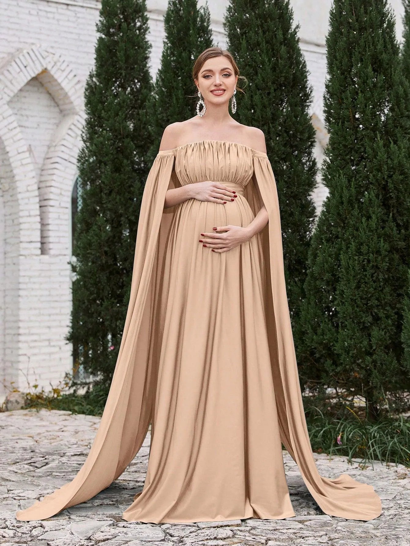 Maternity Off Shoulder Cape Sleeves Maxi Prom Dress - Elonnashop