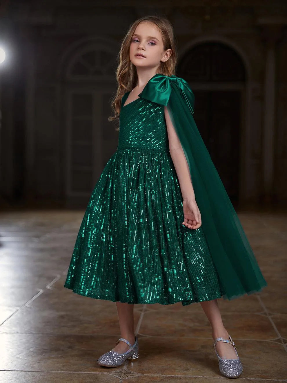 Tween Girls' Bow Detail Draped Side Sequin Midi Dress - Elonnashop