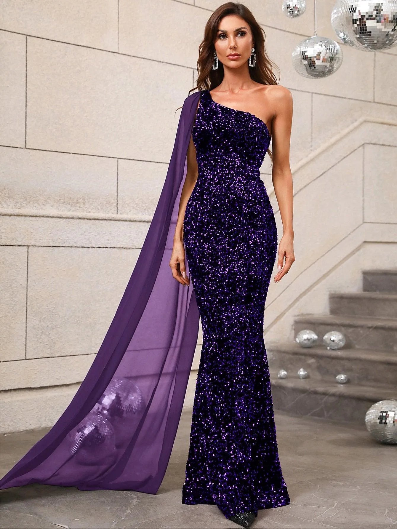 Elegant Sequin One Shoulder Sash Prom Dresses - Elonnashop