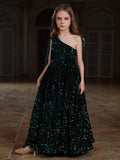 Tween Girls' One Shoulder Draped Side Sequin A Line Dress - Elonnashop