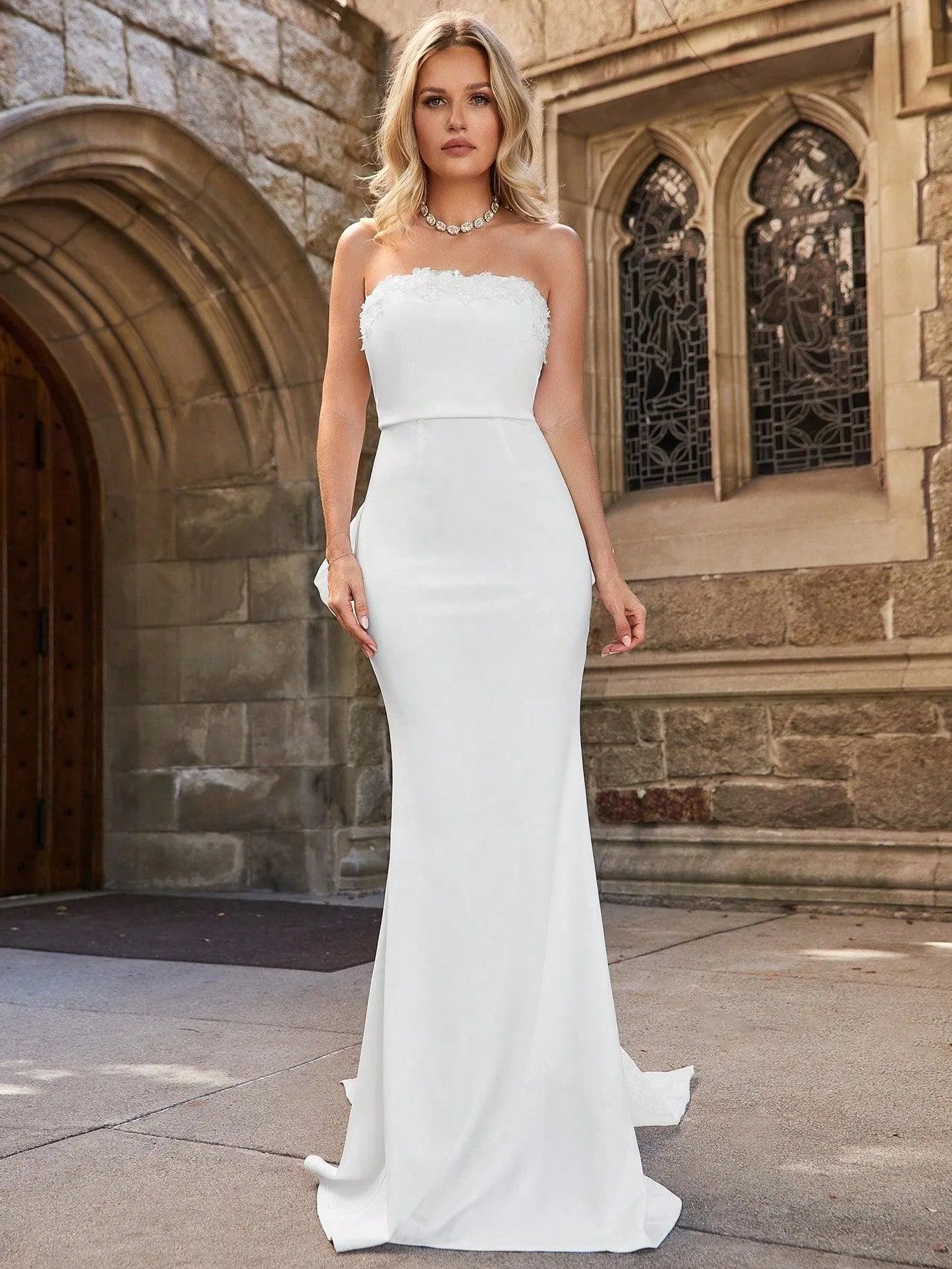 Applique Tube Mermaid Wedding Dress With Bow - Elonnashop