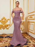 Elegant Off Shoulder Ruched Front Mermaid Hem Sequin Evening Dress