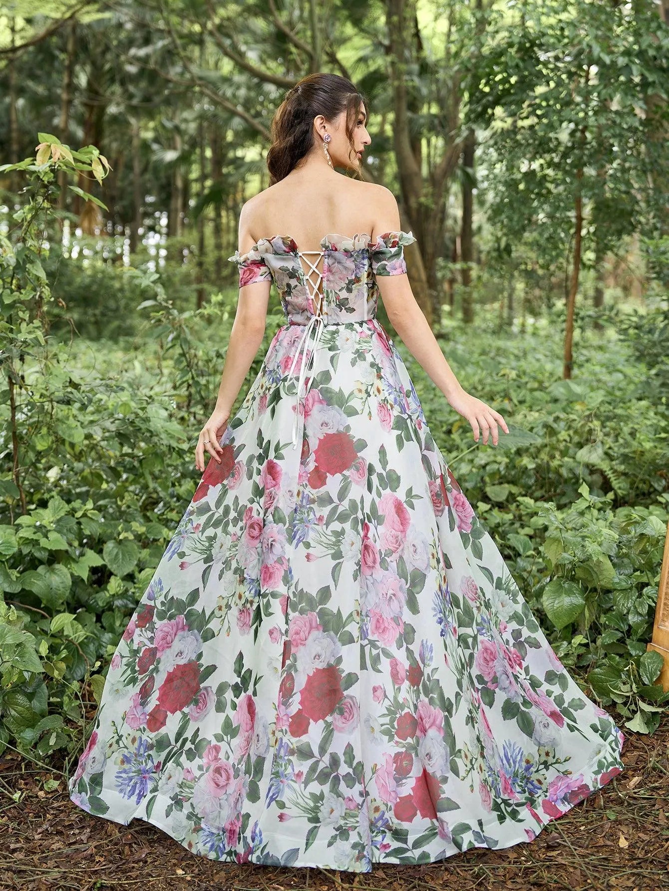 Elegant Floral Organza Ruffle Trim Off Shoulder Prom Dress - Elonnashop