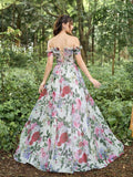 Elegant Floral Organza Ruffle Trim Off Shoulder Prom Dress - Elonnashop