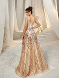 Elegant Spaghetti Straps Graphic Sequin Formal Prom Dress