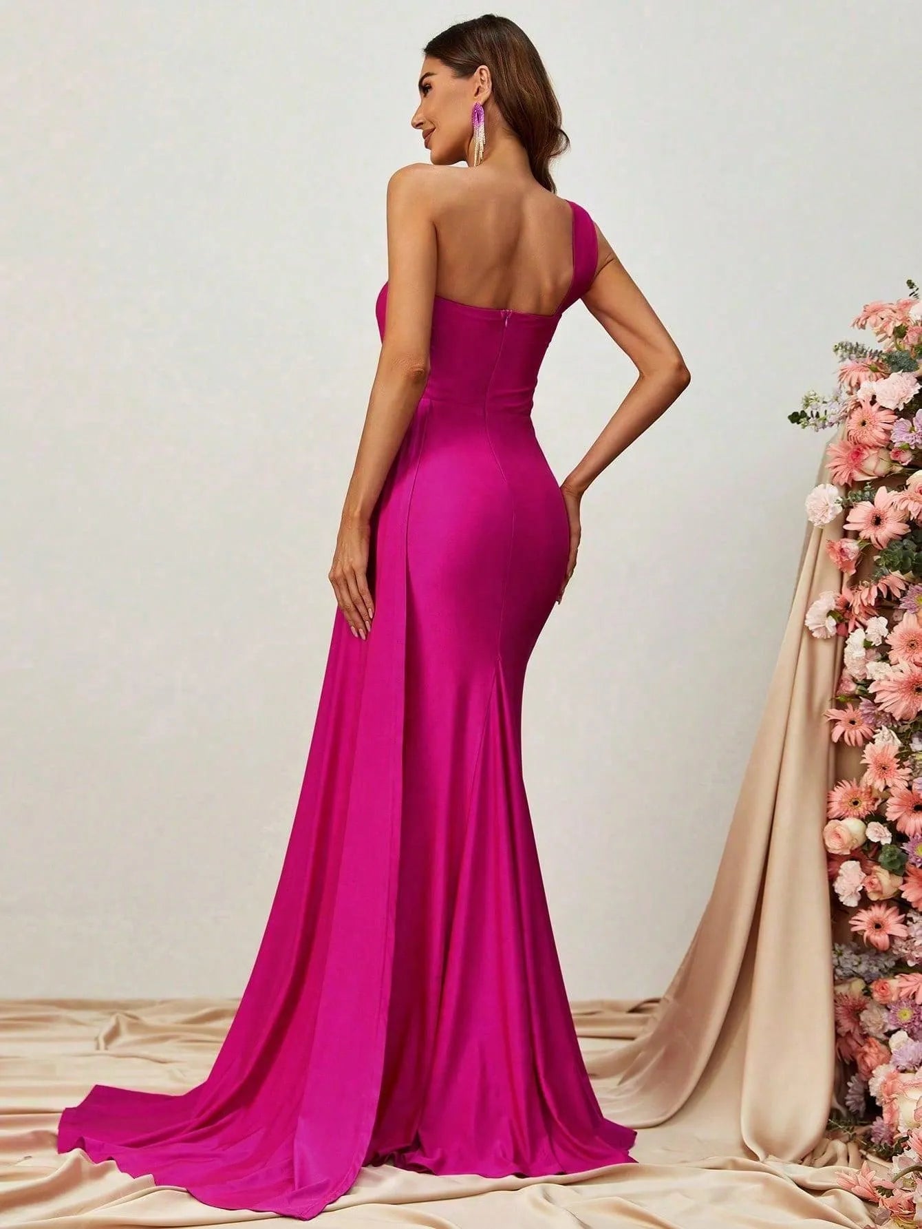 One Shoulder Draped Side Split Thigh Formal Dress - Elonnashop