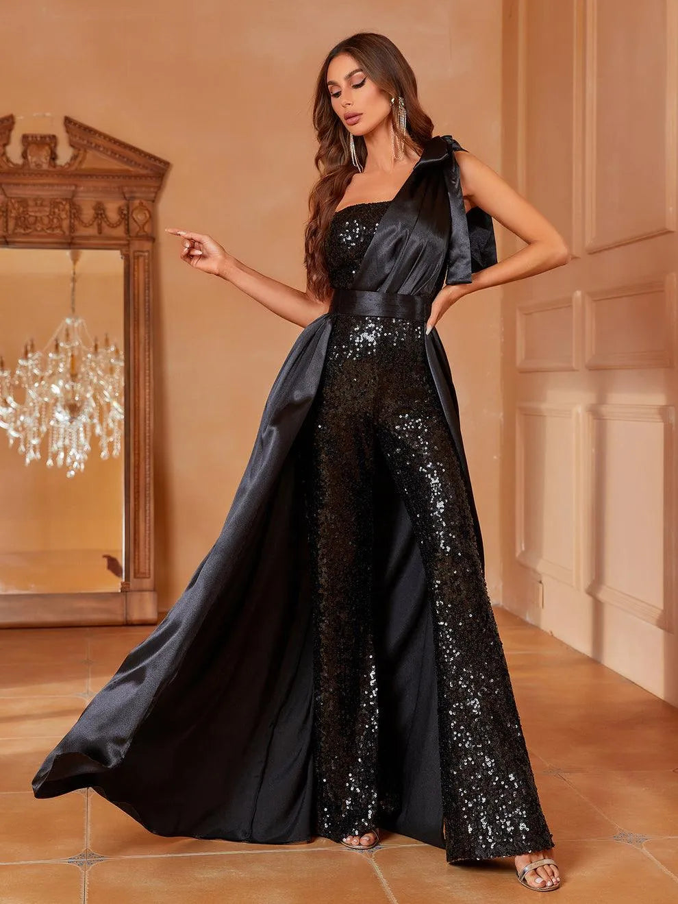 One Shoulder Sleeveless Satin Overlay Sequin Jumpsuit - Elonnashop