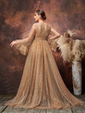 Maternity Deep V Neck Sheer Sleeves Sequined Mesh Photography Dress