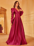 Plunging Neck Gigot Sleeve Satin A Line Dress - Elonnashop