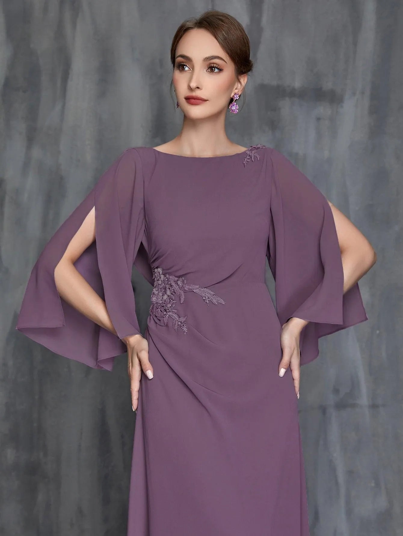 Womens' Applique Decor 3/4 Sleeves Chiffon Formal Dress - Elonnashop