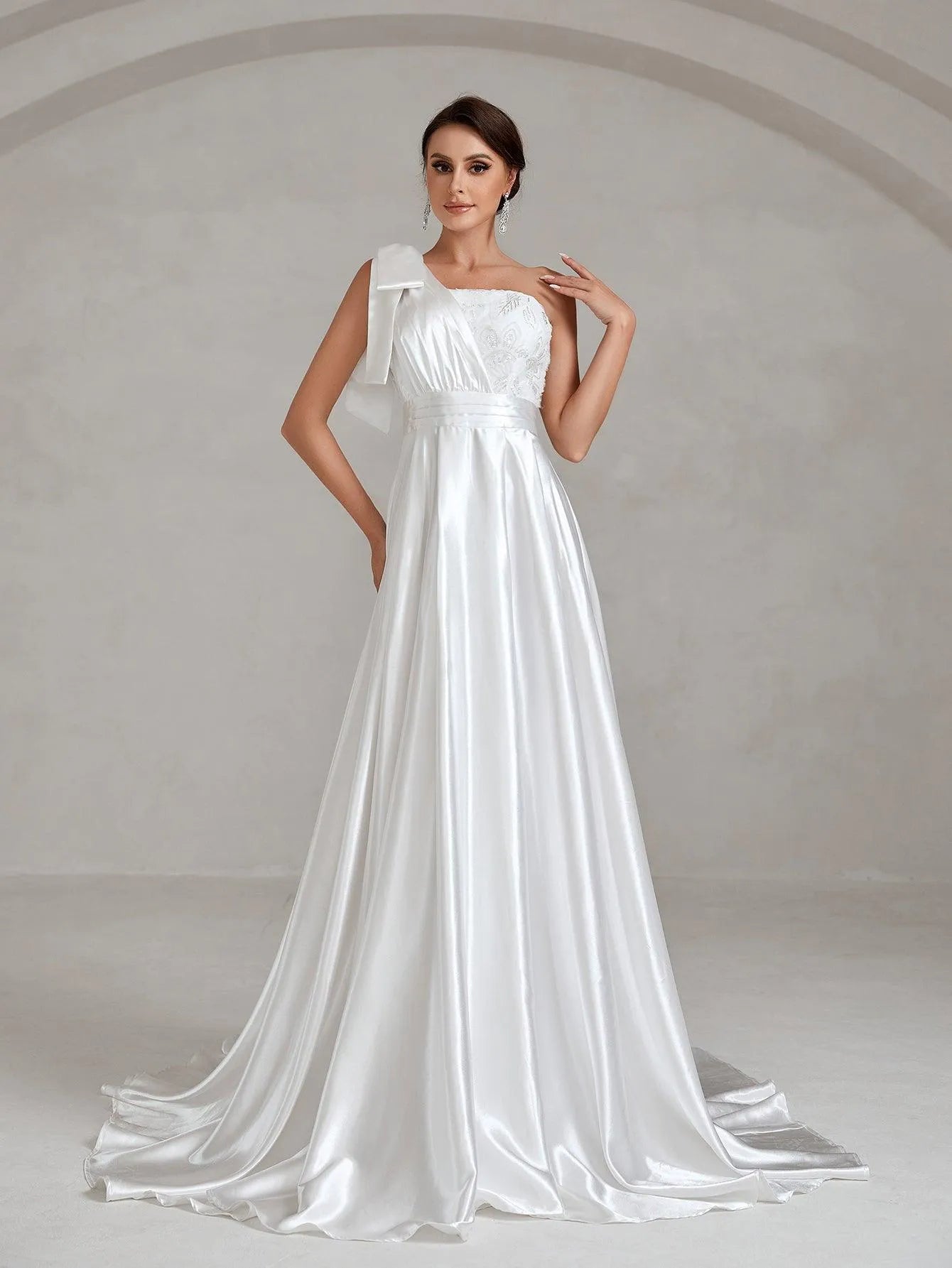 One Shoulde Floor Length Satin Wedding Dress - Elonnashop