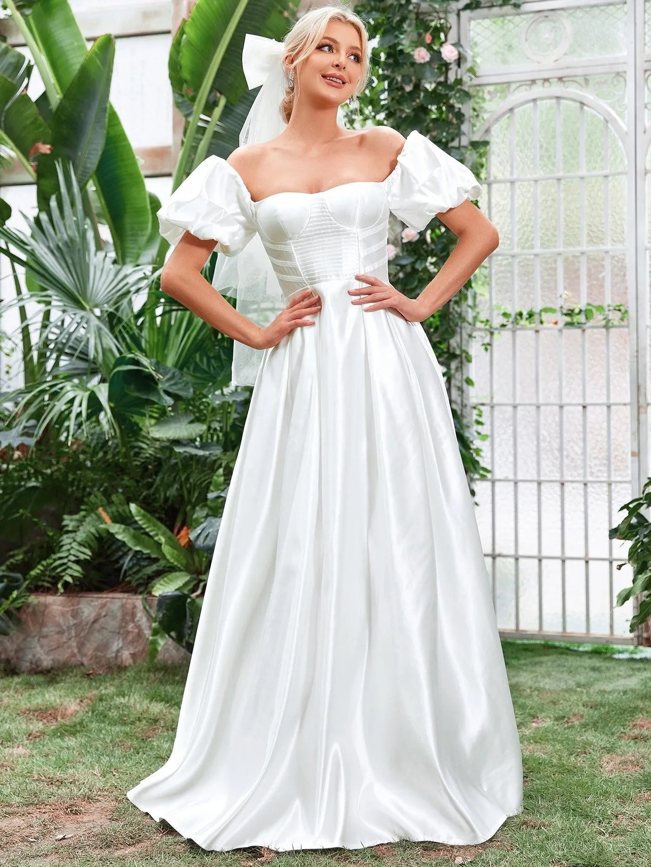 Off Shoulder Puff Sleeve Satin Wedding Dress - Elonnashop