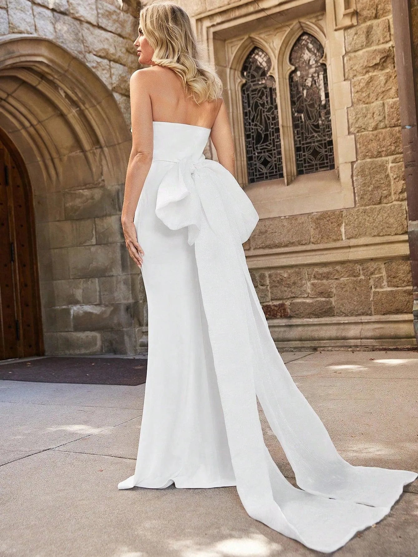 Applique Tube Mermaid Wedding Dress With Bow - Elonnashop