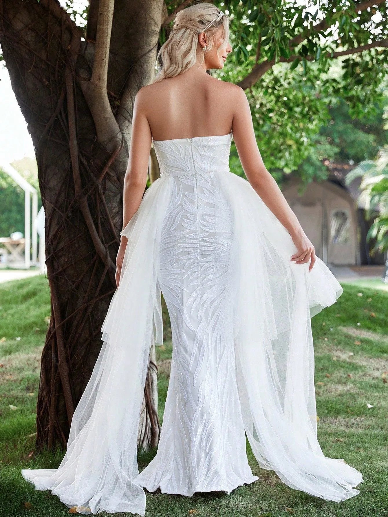 Contrast Mesh Mermaid Hem Sequin Tube Wedding Dress - Elonnashop