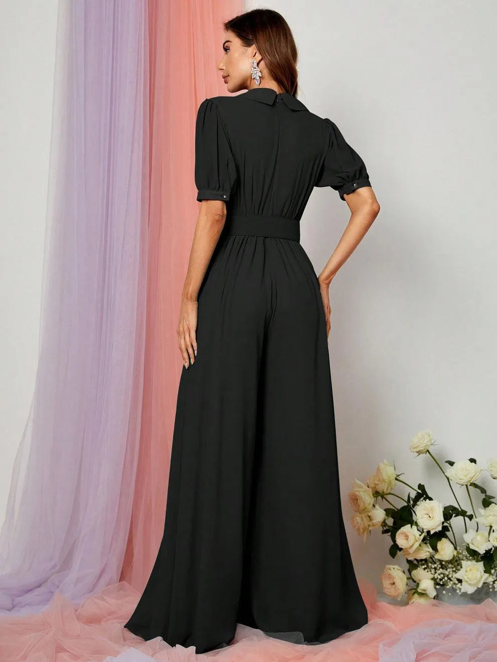 Plunging Neck Puff Sleeves Wide Leg Jumpsuit - Elonnashop