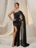 Elegant Rhinestone Detail One Shoulder Draped Side Slit Satin Dress