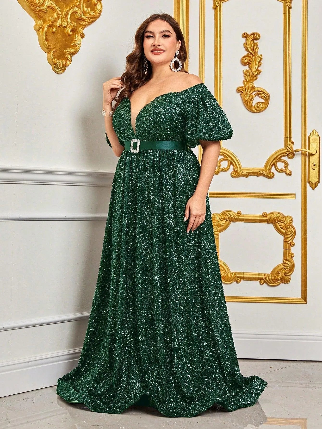 Plus Off Shoulder Puff Sleeves Sequin Formal Dress - Elonnashop