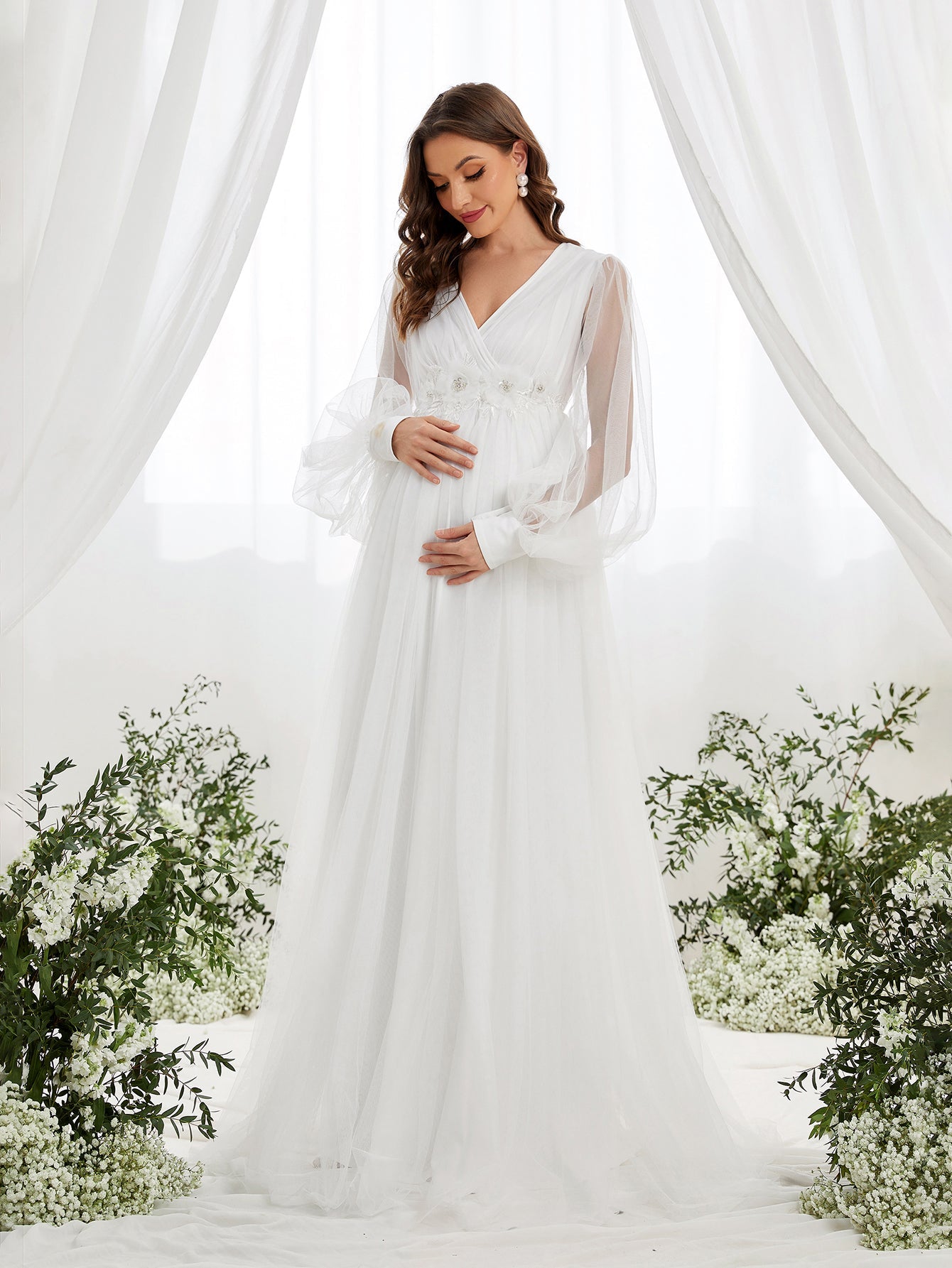 Maternity Applique Detail V Neck Lantern Sleeves Mesh Evening Dress