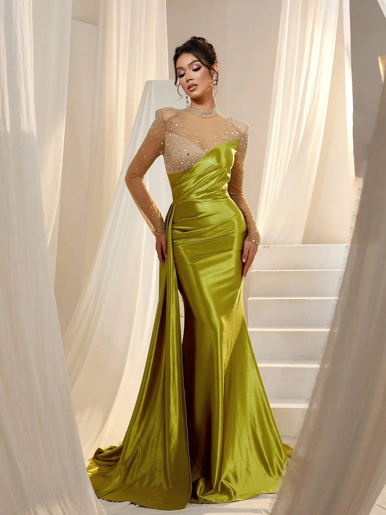 Rhinestone Detail Mock Neck Satin Mermaid Prom Dress - Elonnashop