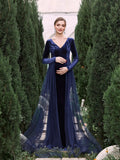 Maternity V Neck Long Sleeves Mermaid Hem Velvet Dress - Elonnashop