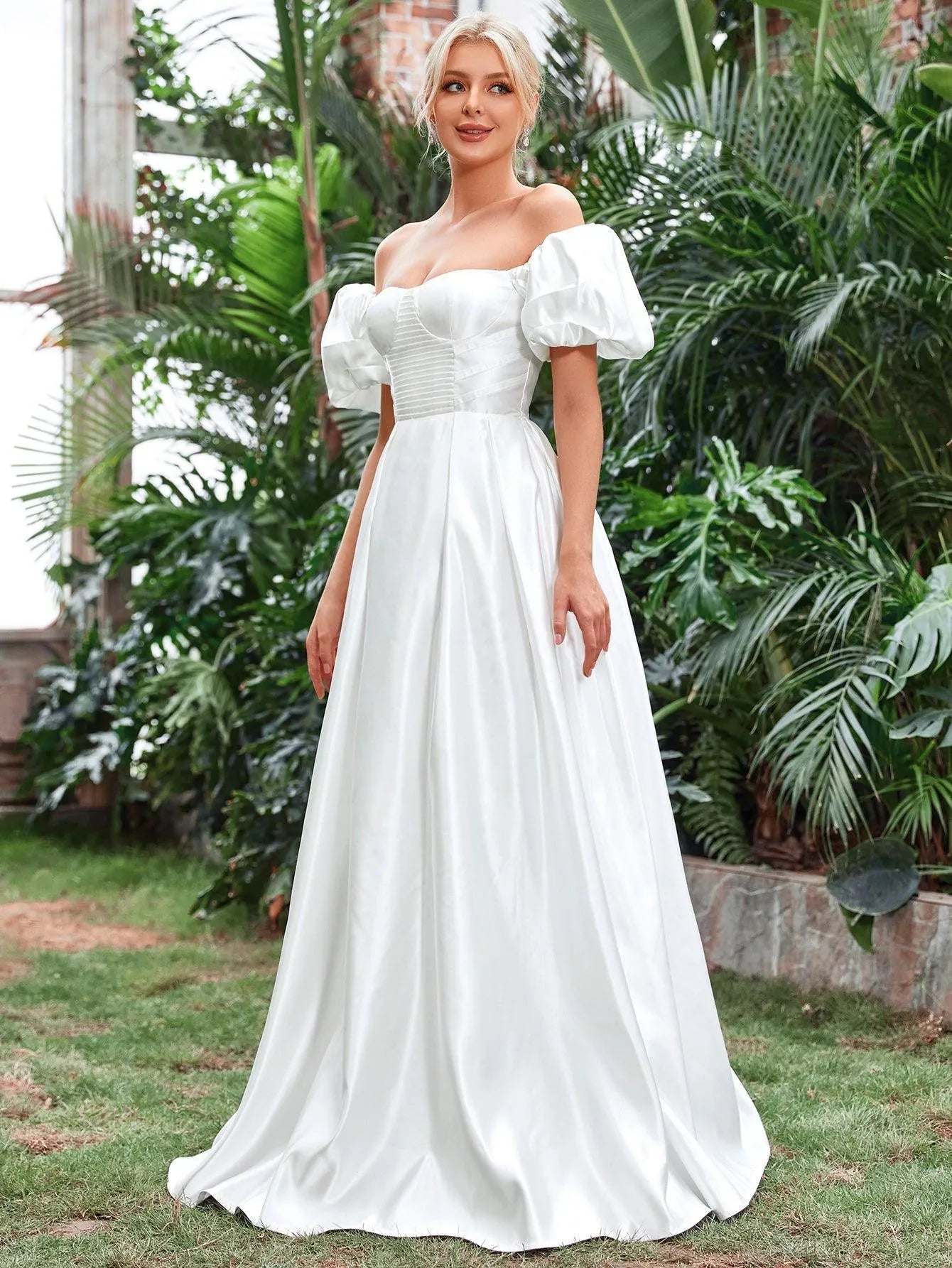 Off Shoulder Puff Sleeve Satin Wedding Dress - Elonnashop