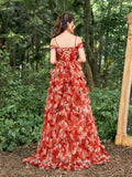 Elegant Off Shoulder Floral Printed Tulle Maxi Prom Dress - Elonnashop