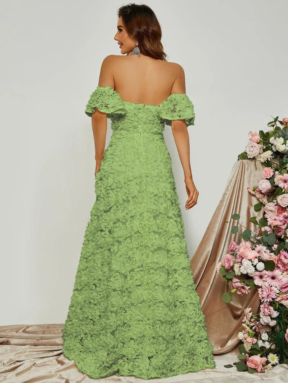 Off Shoulder 3D Flower A-Line Prom Dress - Elonnashop