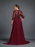 Plus Womens' Luxurious Evening Gown with Embroidered Sequin Detailing & Chiffon Skirt – Sculpted Bodice & Sheer Train for Formal Galas