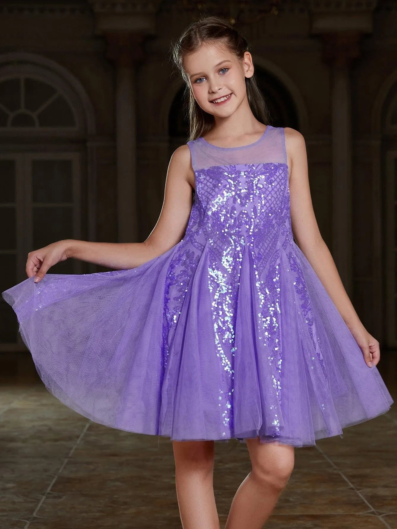 Tween Girls' Sleeveless Contrast Mesh Sequin Dress - Elonnashop