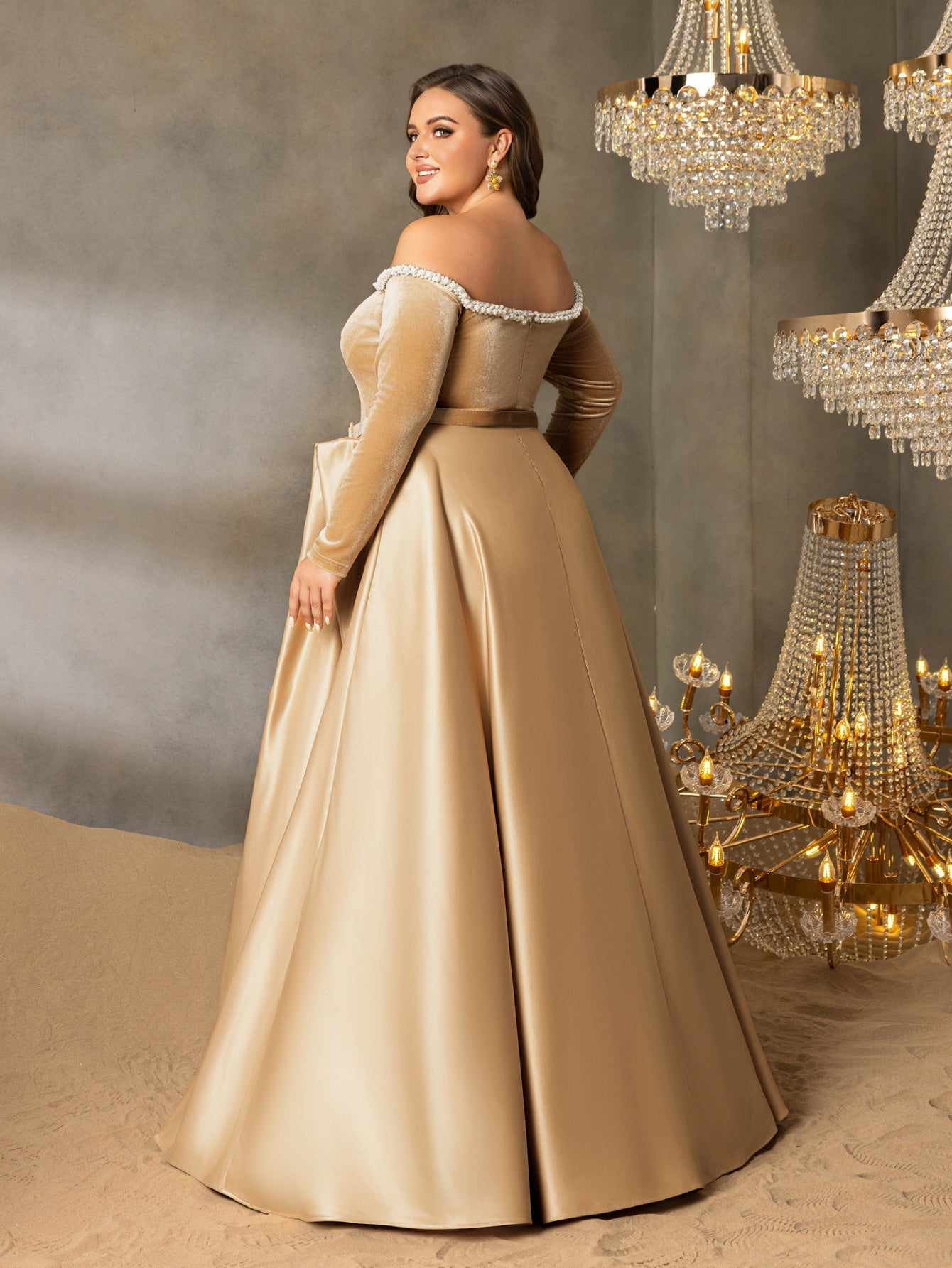 Plus Women's Pearl Accented Off-The-Shoulder Formal Gown | Long Sleeves | Defined Waist Belt | Full Flared Skirt