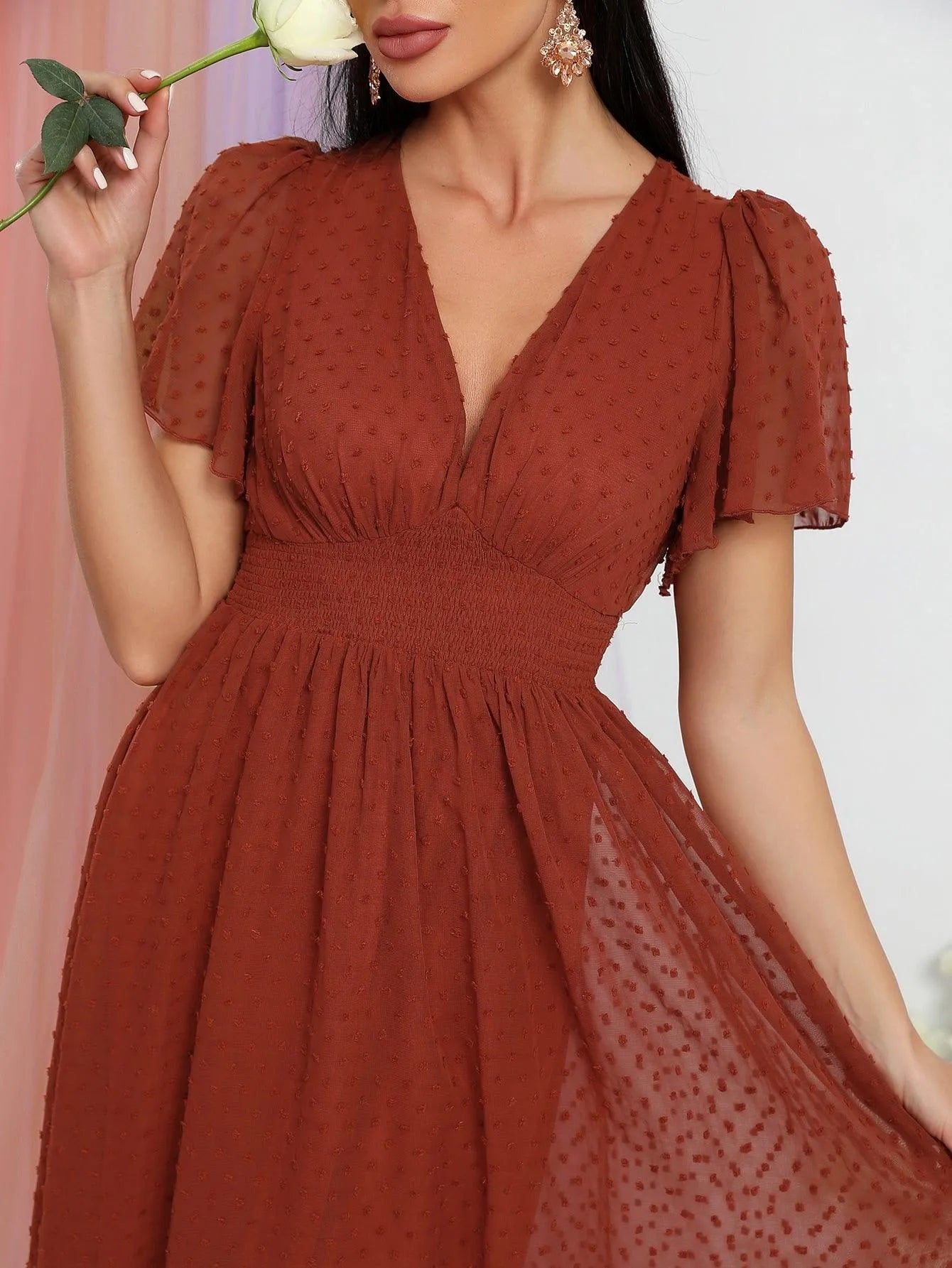 V Neck Butterfly Sleeve Swiss Dot Chiffon Dress - Elonnashop