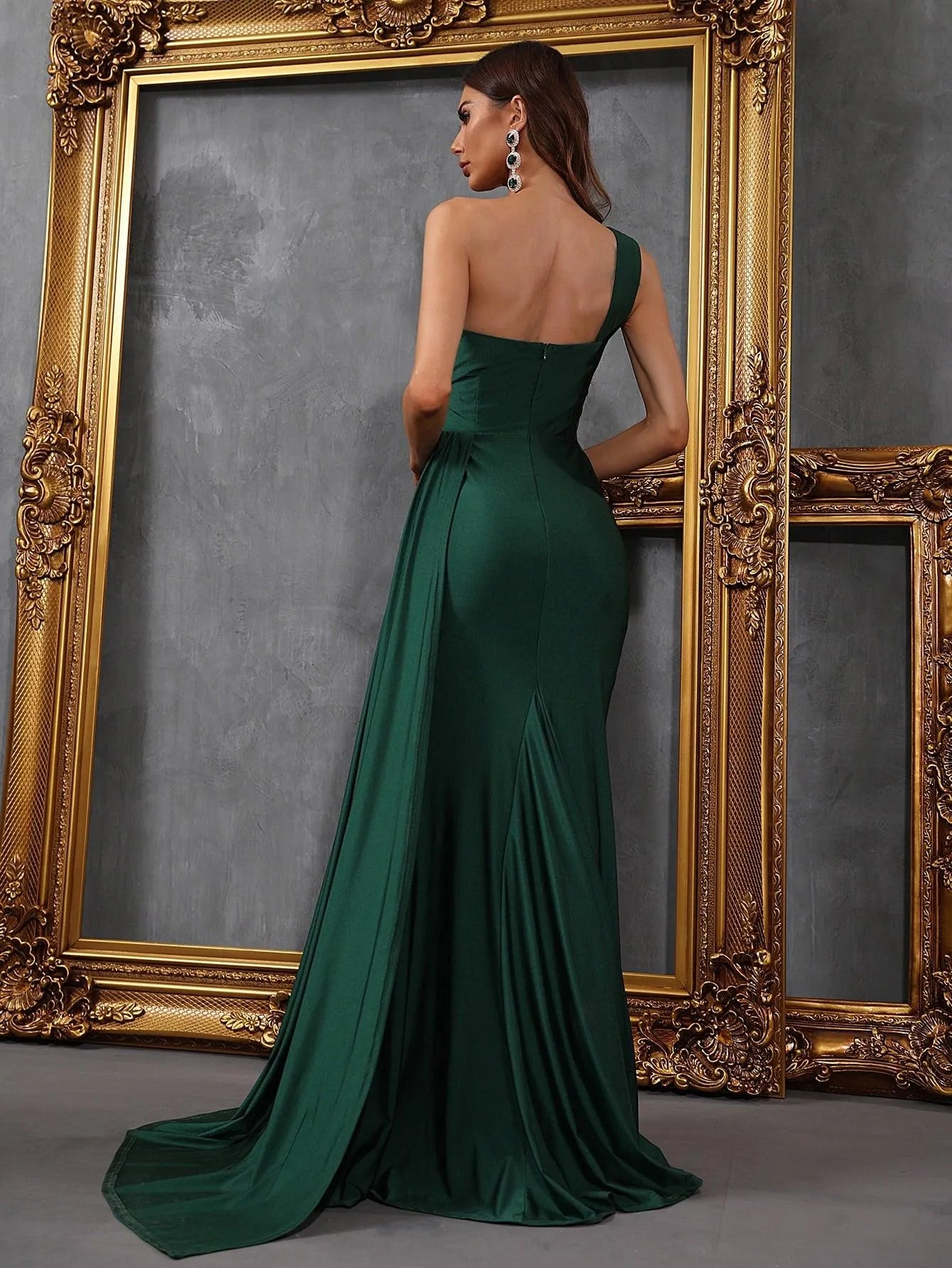 One Shoulder Draped Side Split Thigh Formal Dress - Elonnashop