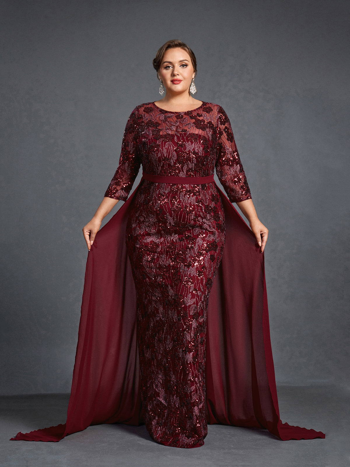 Plus Womens' Luxurious Evening Gown with Embroidered Sequin Detailing & Chiffon Skirt – Sculpted Bodice & Sheer Train for Formal Galas