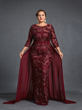 Plus Womens' Luxurious Evening Gown with Embroidered Sequin Detailing & Chiffon Skirt – Sculpted Bodice & Sheer Train for Formal Galas