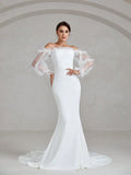 Off Shoulder Flounce Sleeve Maxi Mermaid Hem Wedding Dress - Elonnashop