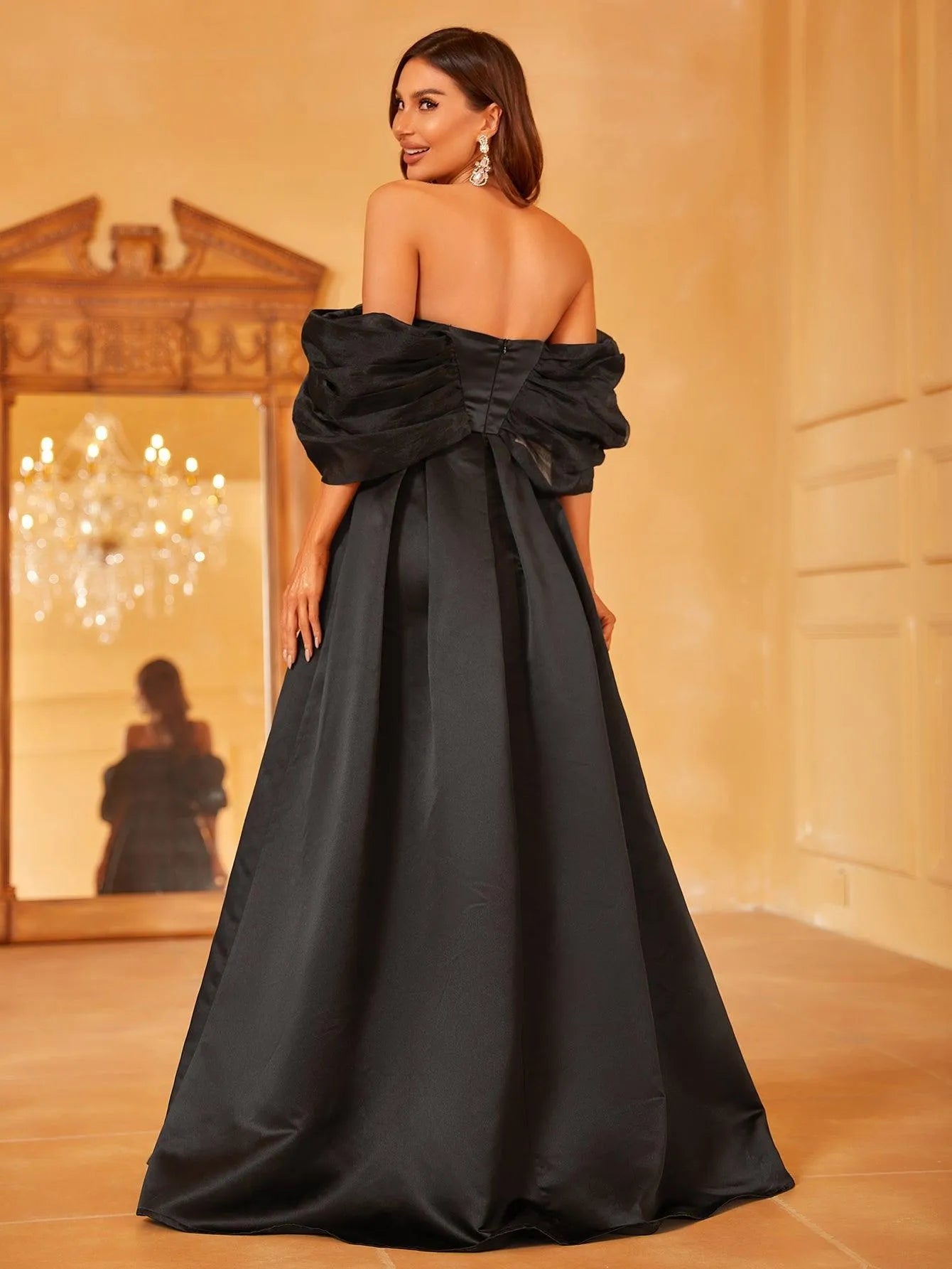 Off Shoulder Contrast Mesh Satin Formal Dress - Elonnashop