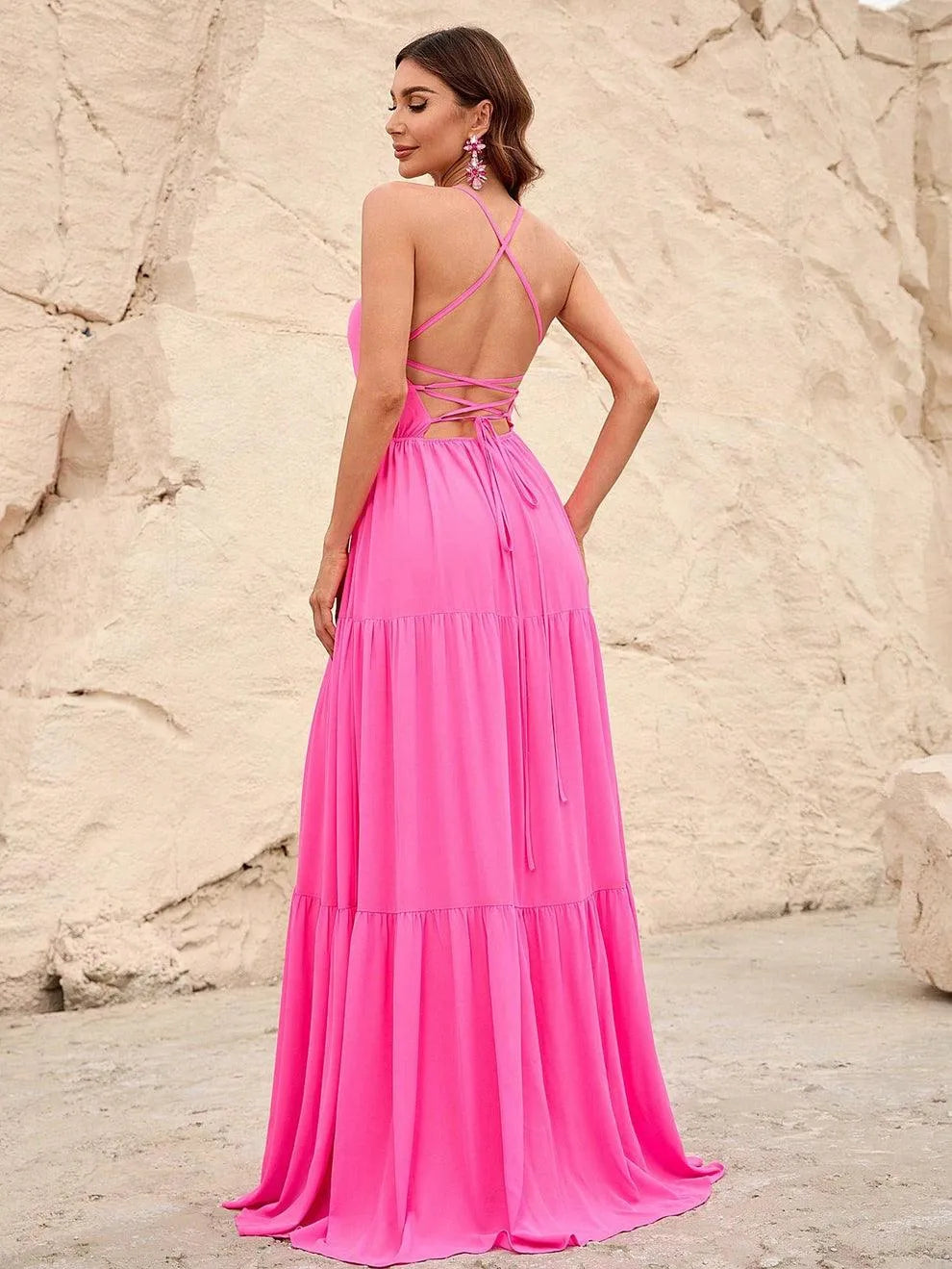 Back Lace Up Chiffon Tiered Maxi Dress - Elonnashop