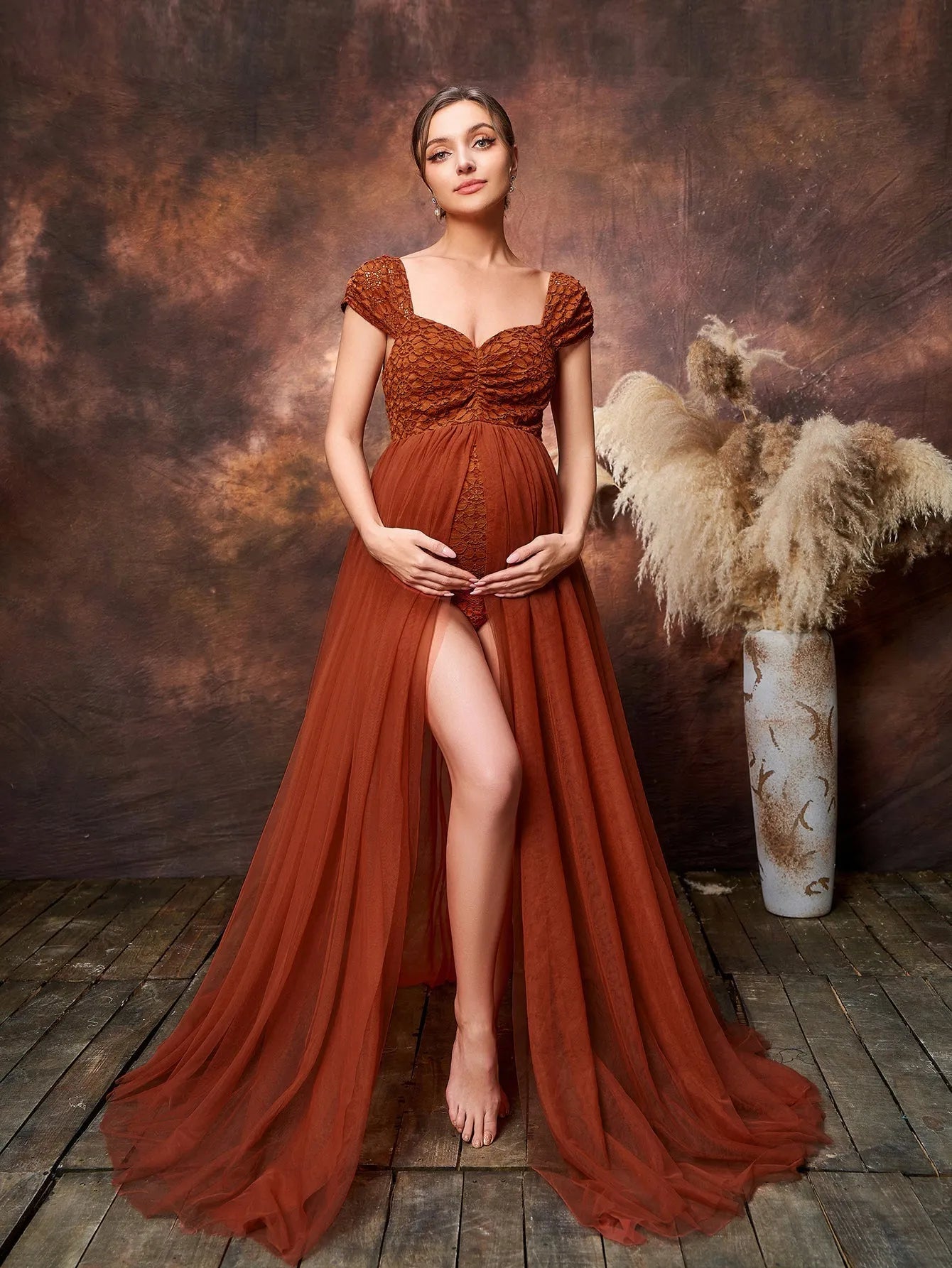 Maternity Sweetheart Neck Cap Sleeves Mesh Overlay Lace Romper Photography Dress